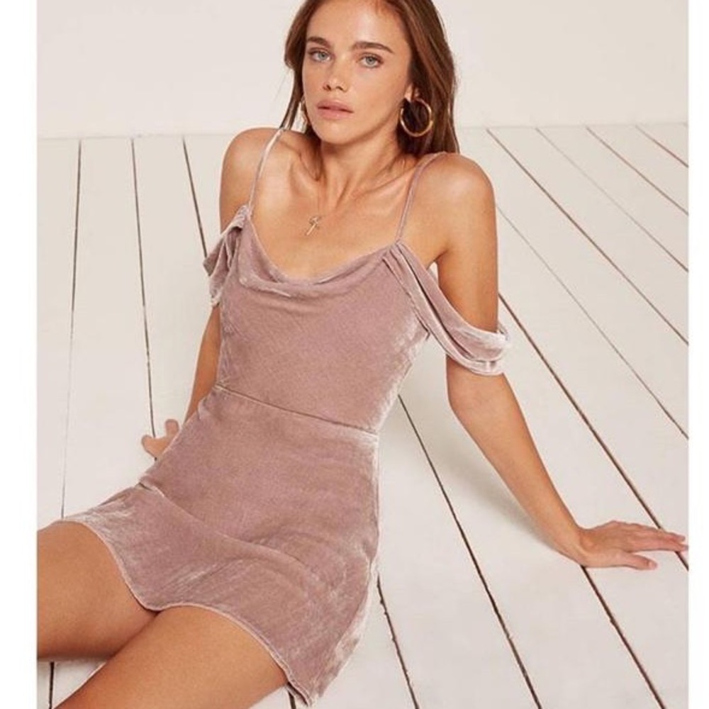 Reformation | Lorraine Blush Velvet Mini Dress Off the Shoulder